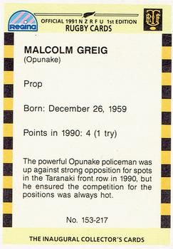 1991 Regina NZRFU 1st Edition #153 Malcolm Greig Back
